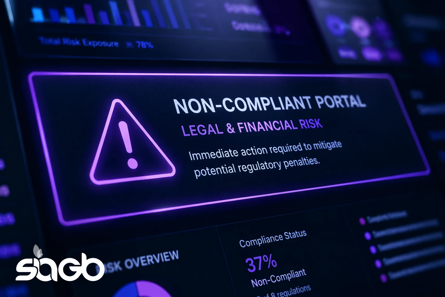 Compliance dashboard showing a non-compliant portal warning with legal and financial risk alerts