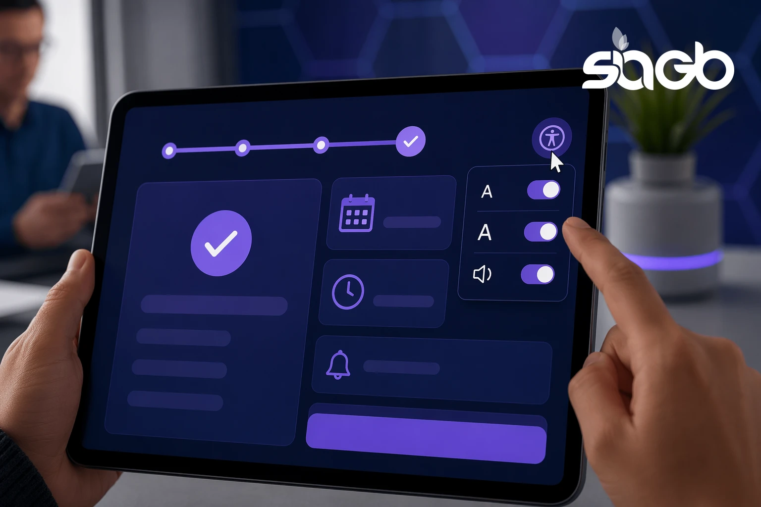 Person holding a tablet showing a patient portal with an accessibility settings panel for text size and audio