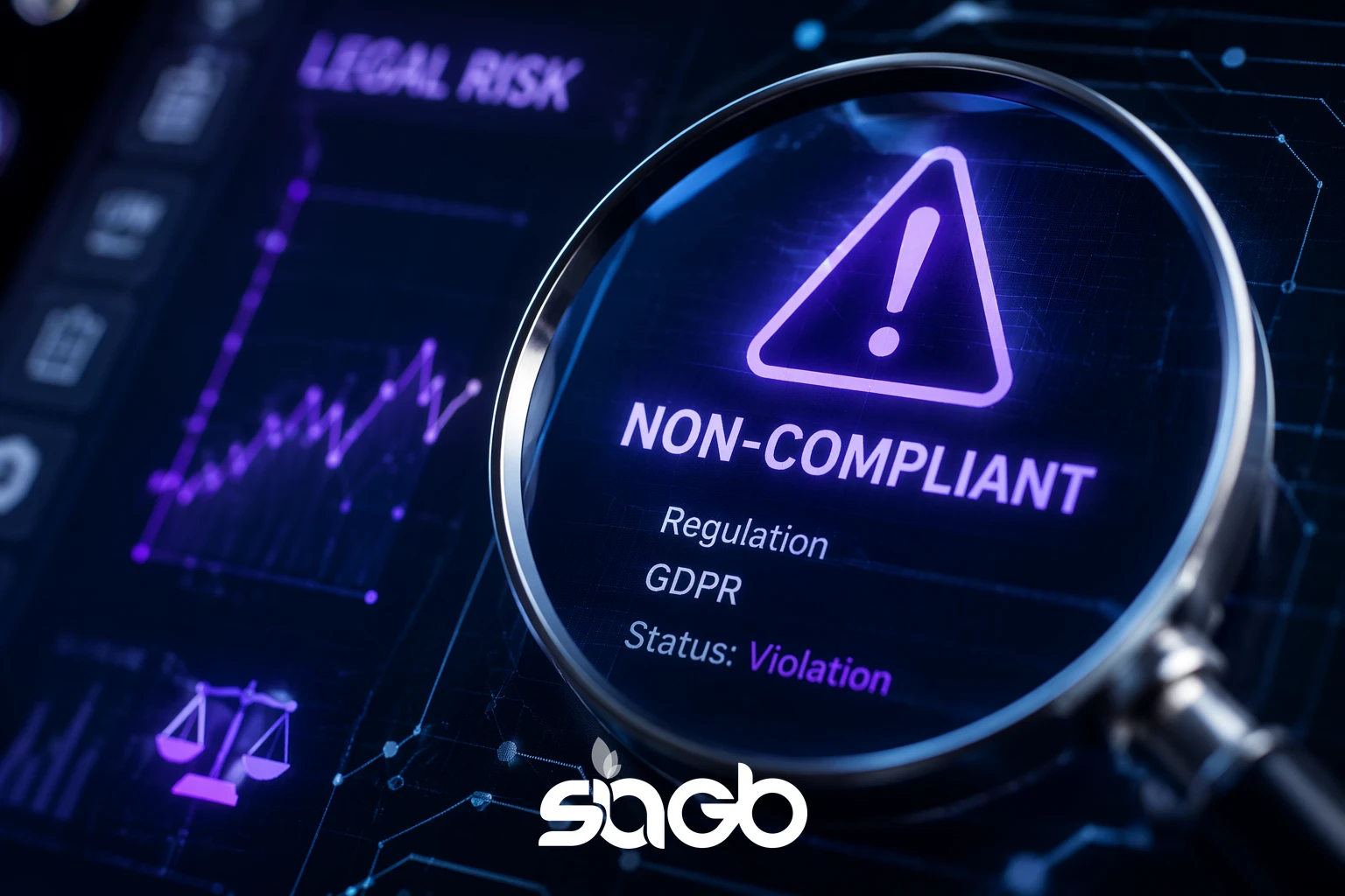 Magnifying glass over a non-compliant regulation violation notice beside a legal risk chart and scales of justice