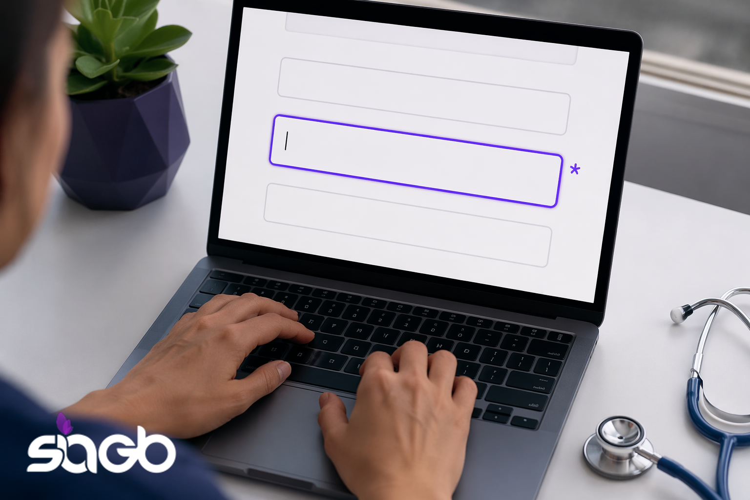Doctor typing on a laptop showing an online intake form with one input field highlighted by a purple outline, a stethoscope beside it