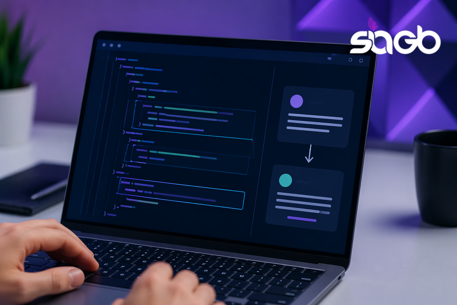 Hands typing on a laptop showing structured data and schema markup code beside clean answer cards on a purple-lit desk