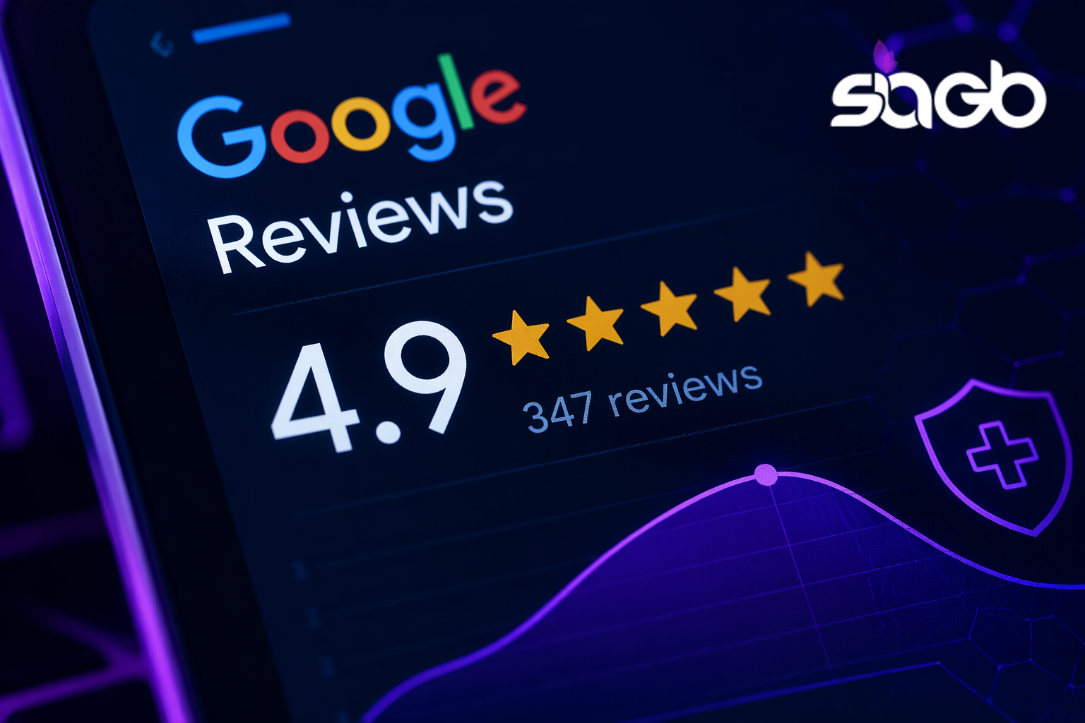 Smartphone screen showing Google Reviews with a 4.9 star rating from 347 reviews beside a healthcare shield icon