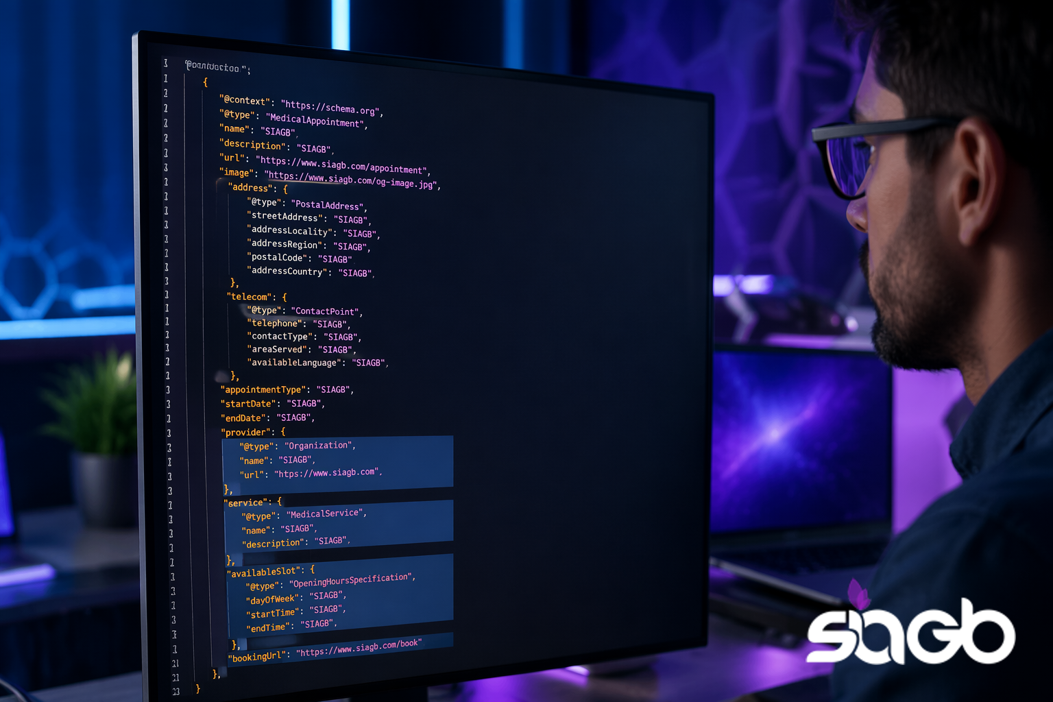 Developer reviewing JSON structured data and schema markup on a monitor in a dark office