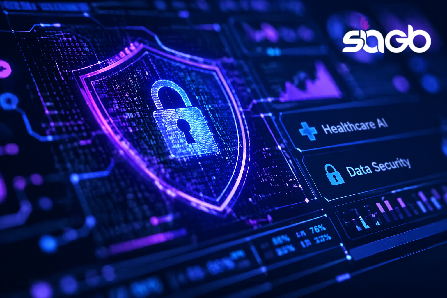 Glowing padlock shield with healthcare AI and data security labels on a digital dashboard