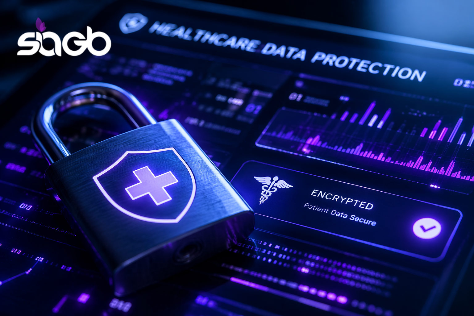 Padlock with a medical cross shield resting on a healthcare data protection dashboard showing encrypted patient data secured