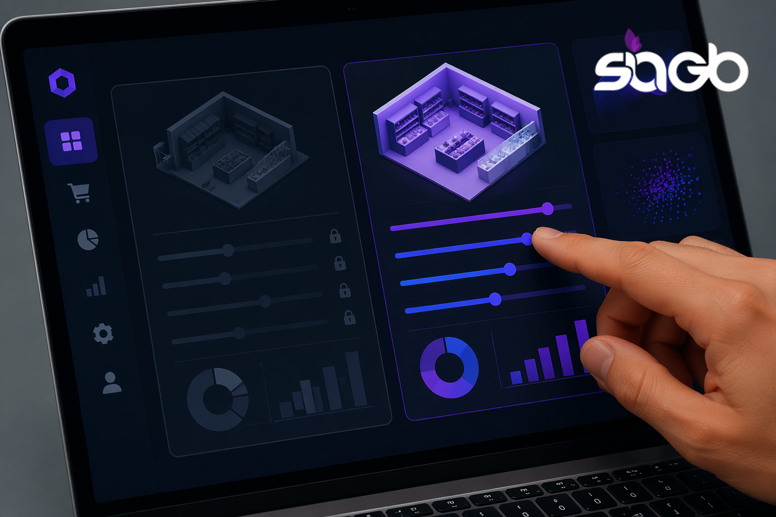 Laptop showing a retail AI dashboard with 3D store layouts, sales charts, and a finger adjusting forecast sliders