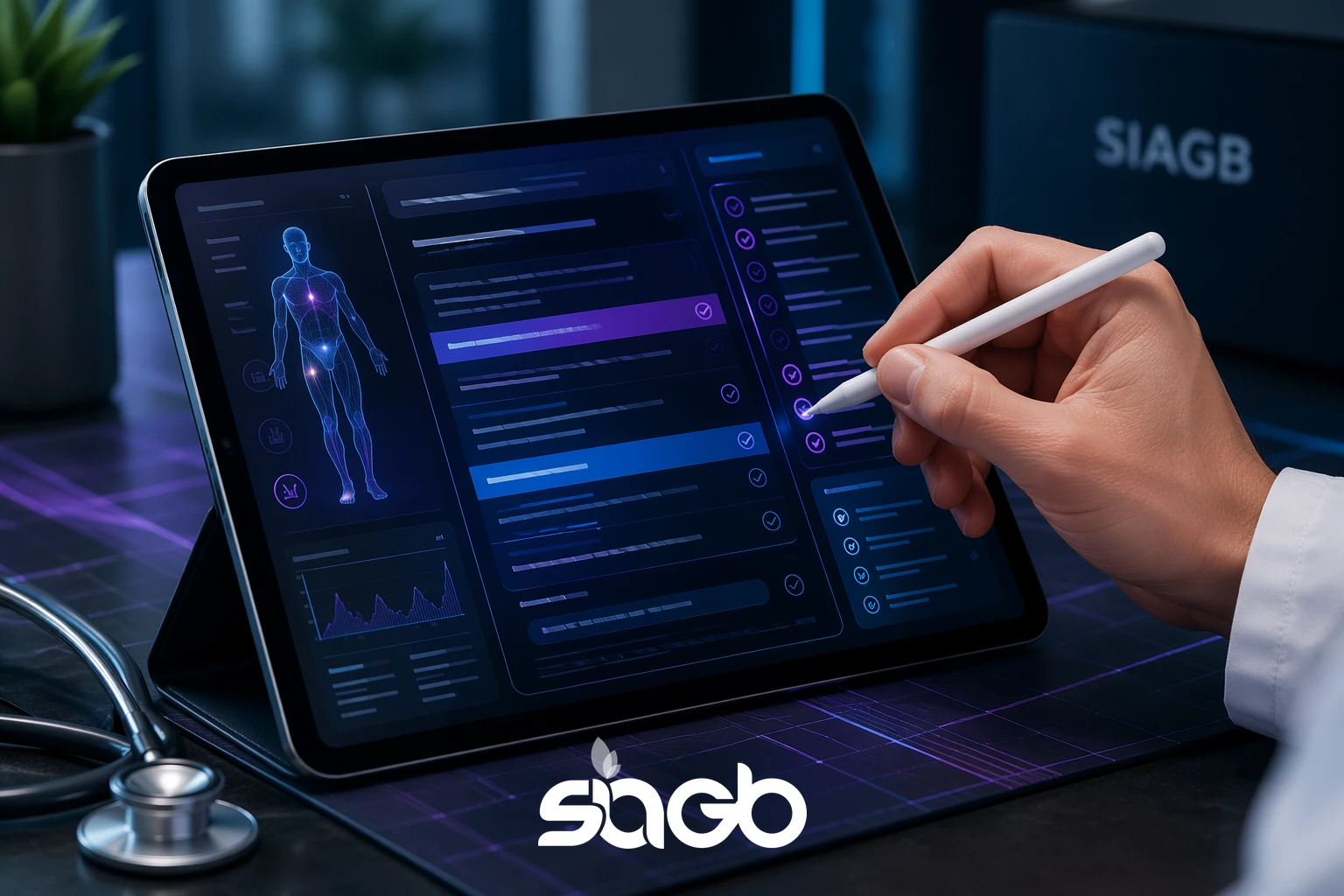 Clinician using a stylus to review a patient education dashboard on a tablet, with an anatomy diagram and content checklist panels