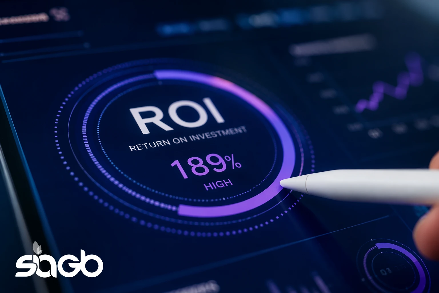 Close-up of a practice analytics dashboard showing a return on investment dial at 189 percent, with a stylus pointing at the figure