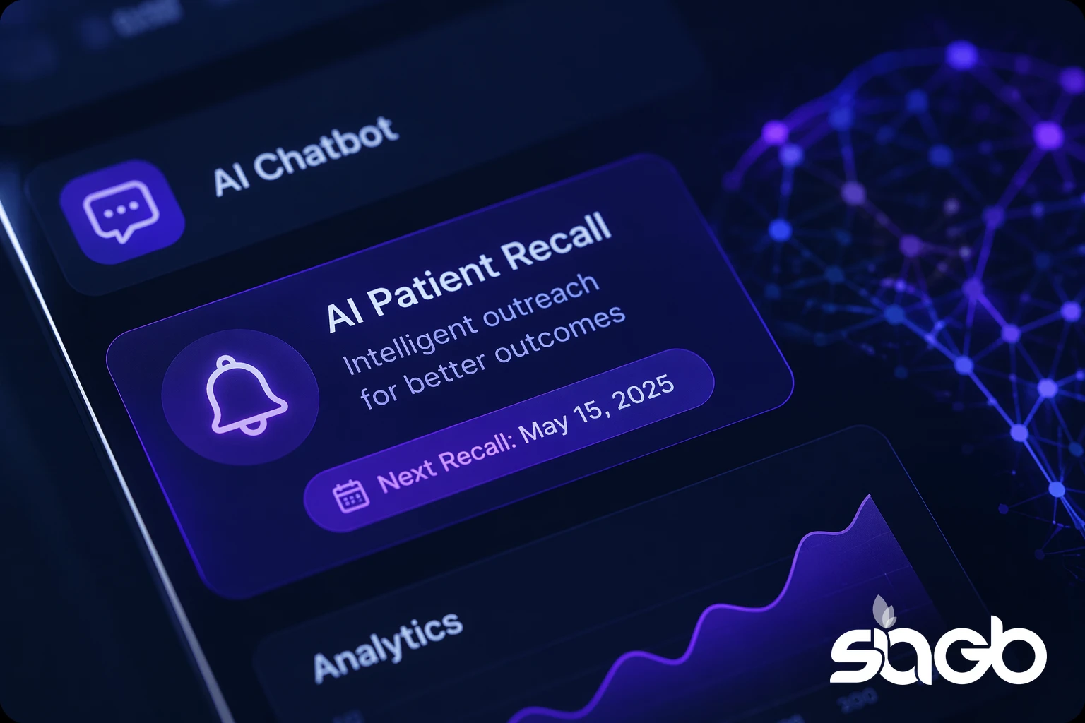 Healthcare practice dashboard showing an AI chatbot panel and an AI patient recall card with a reminder date and analytics chart