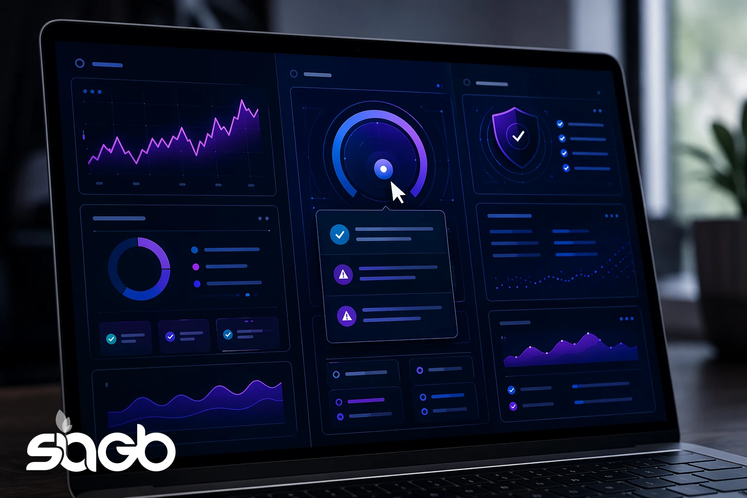 Laptop displaying an AI website monitoring dashboard with performance graphs, a health score gauge, a security shield, and alert notifications
