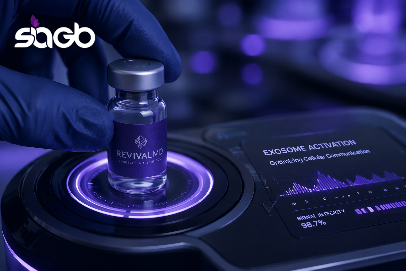 A gloved clinician placing a RevivalMD treatment vial onto a glowing device with a cellular activation readout at the aesthetic clinic