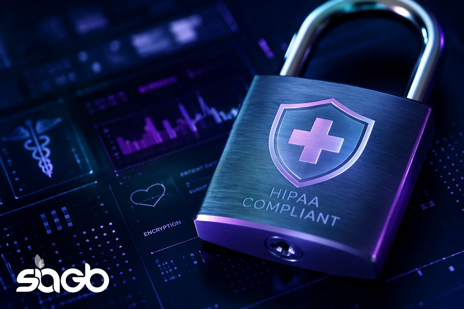 Brushed metal padlock engraved with a medical cross shield and the words HIPAA Compliant, resting on a dark interface showing patient data, encryption labels, and a caduceus symbol