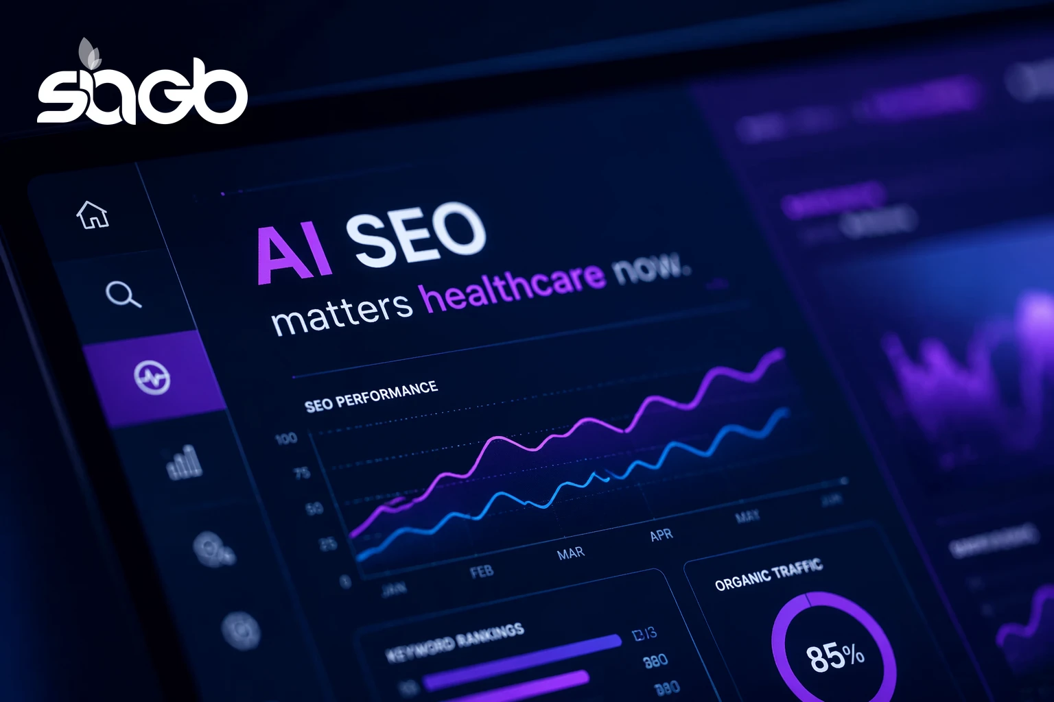 Analytics dashboard on a dark screen with the words AI SEO matters healthcare now, showing SEO performance line graphs, keyword rankings, and an organic traffic gauge at 85 percent