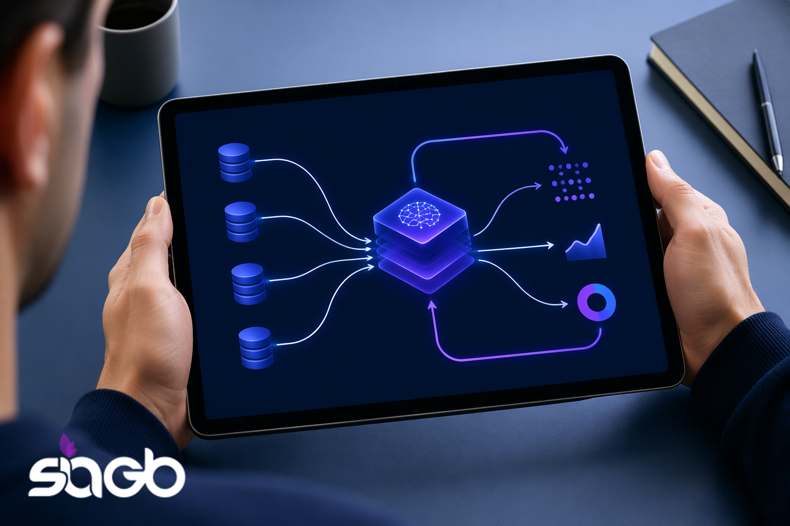 Person holding a tablet that displays a glowing AI data hub pulling in multiple data sources and producing charts and insights