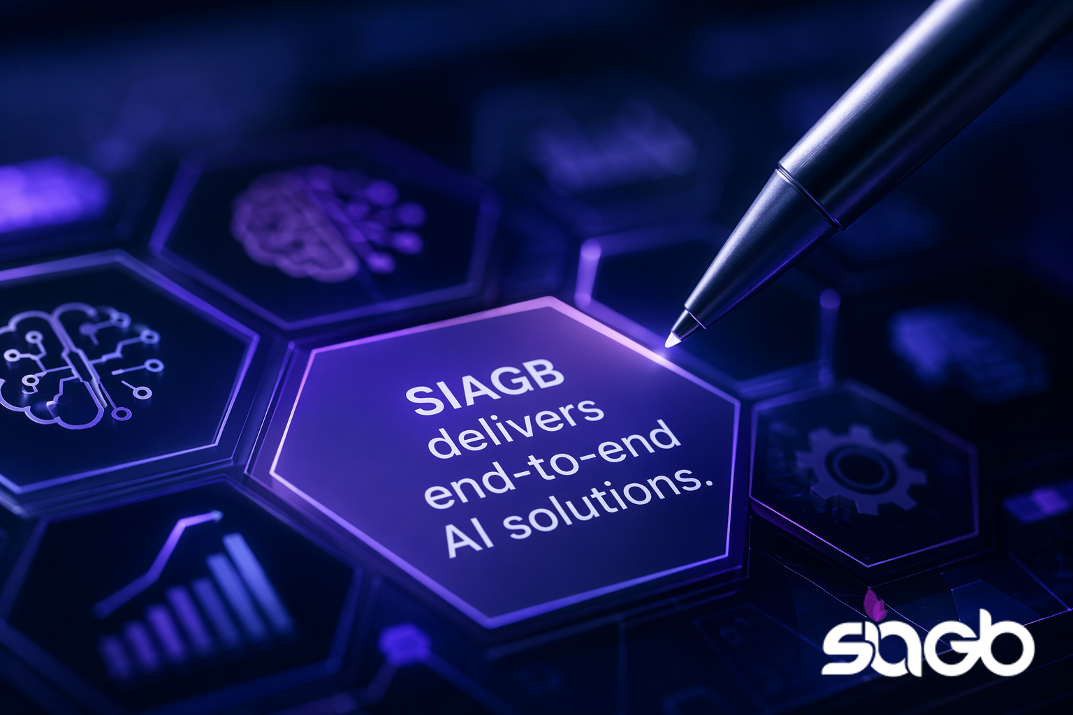 Stylus pointing to a glowing hexagon that reads SIAGB delivers end-to-end AI solutions, surrounded by hexagonal AI and technology icons