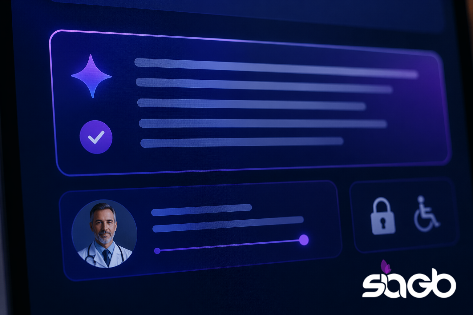Dark AI answer card showing a summarised response with a verified checkmark above a doctor profile, alongside a padlock and wheelchair accessibility icon