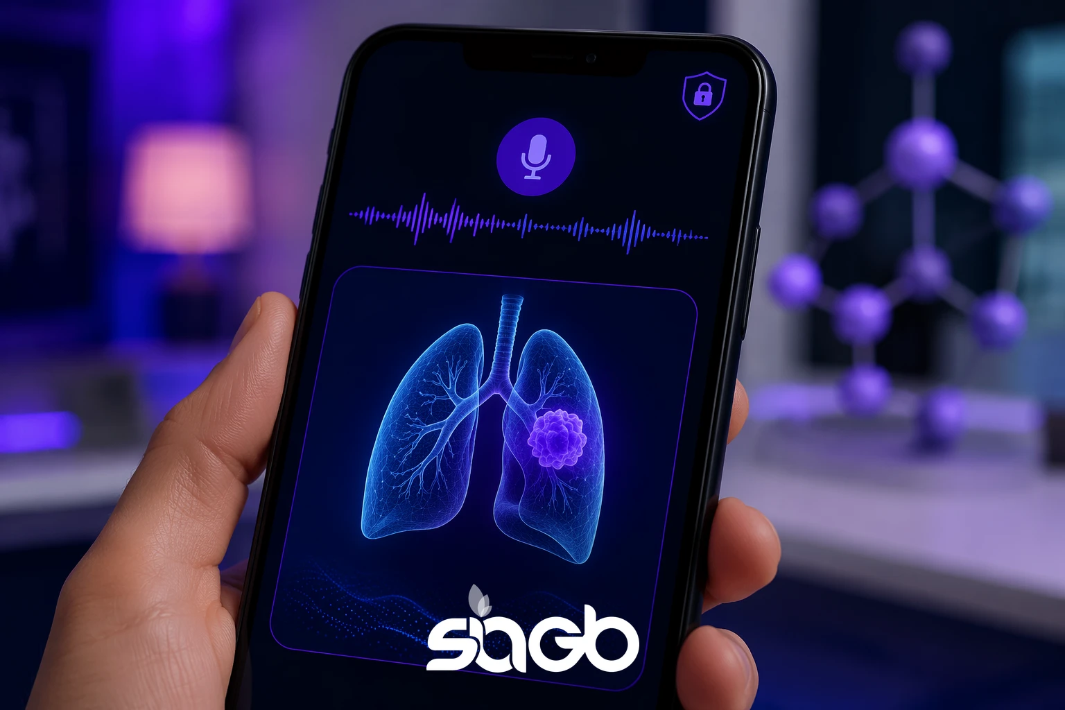 Patient using a voice assistant on a smartphone, with a 3D lung scan, audio waveform, and security padlock shown on screen