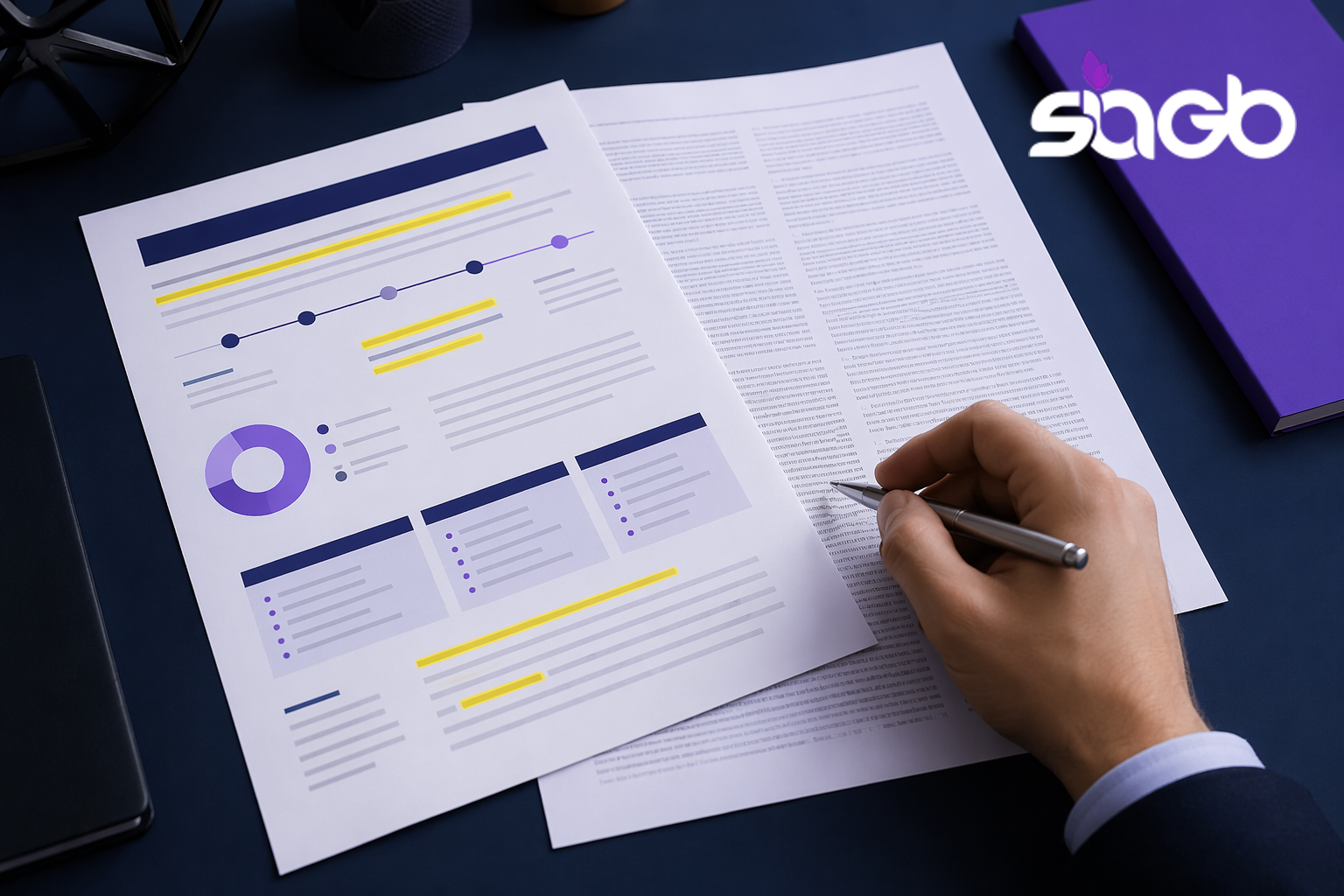 Accountant reviewing printed ATO guidance documents with charts and a summary report on a desk