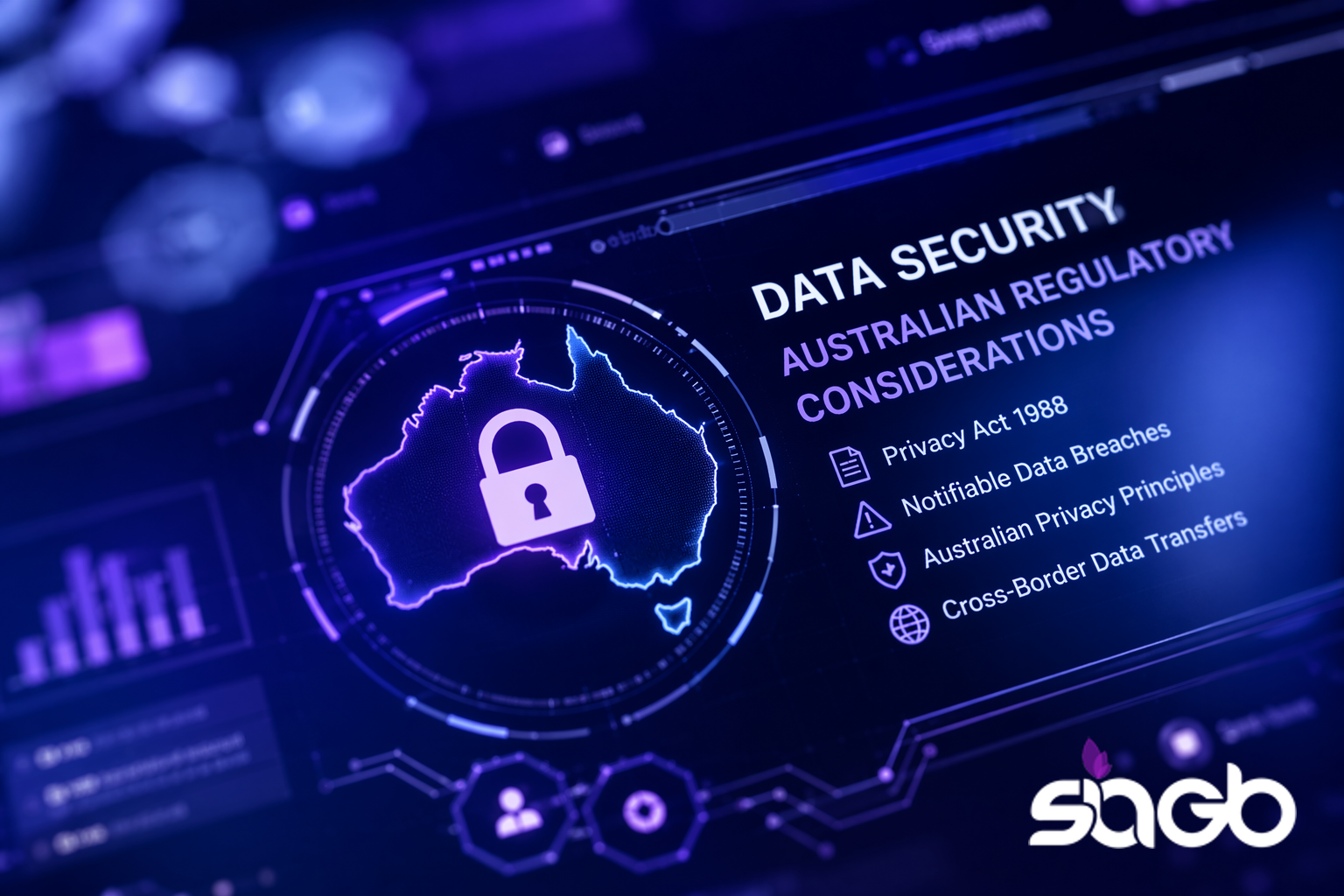 Data security screen showing a padlock over a map of Australia with Privacy Act 1988 and data breach controls listed