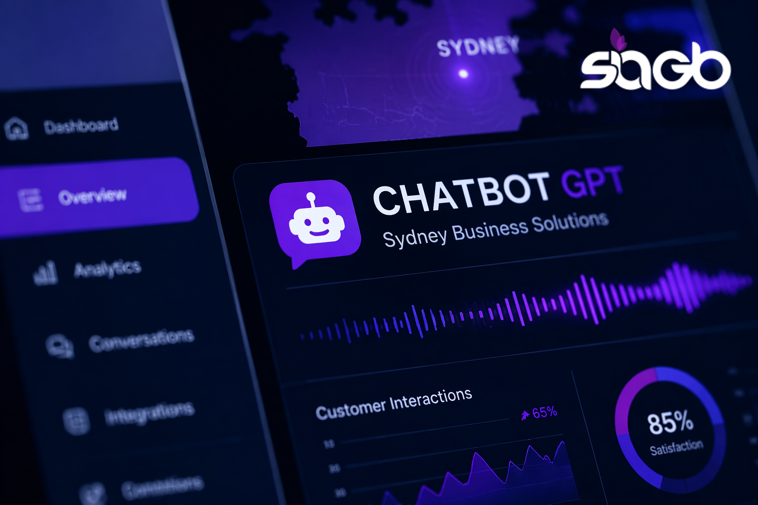 Chatbot GPT analytics dashboard for Sydney business solutions showing a map of Sydney, customer interaction graphs and an 85 percent performance dial