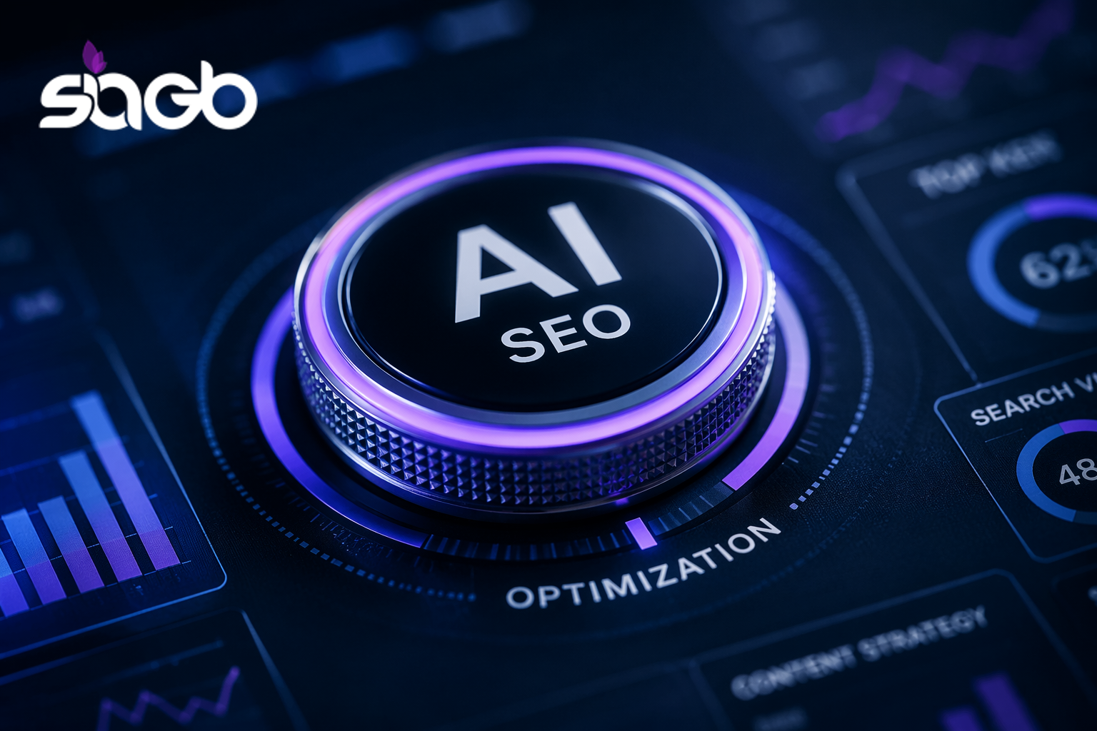 Close-up of a glowing dial labelled AI SEO set to optimisation, surrounded by analytics charts and search visibility metrics