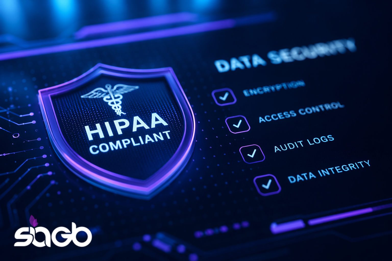 Glowing HIPAA Compliant shield on a circuit board next to a data security checklist covering encryption, access control, audit logs, and data integrity