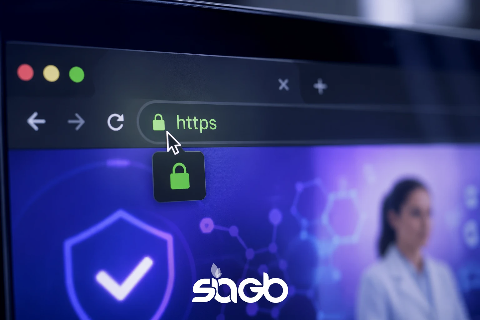 Browser address bar showing an HTTPS padlock and security shield beside a blurred clinician, representing a secure healthcare website