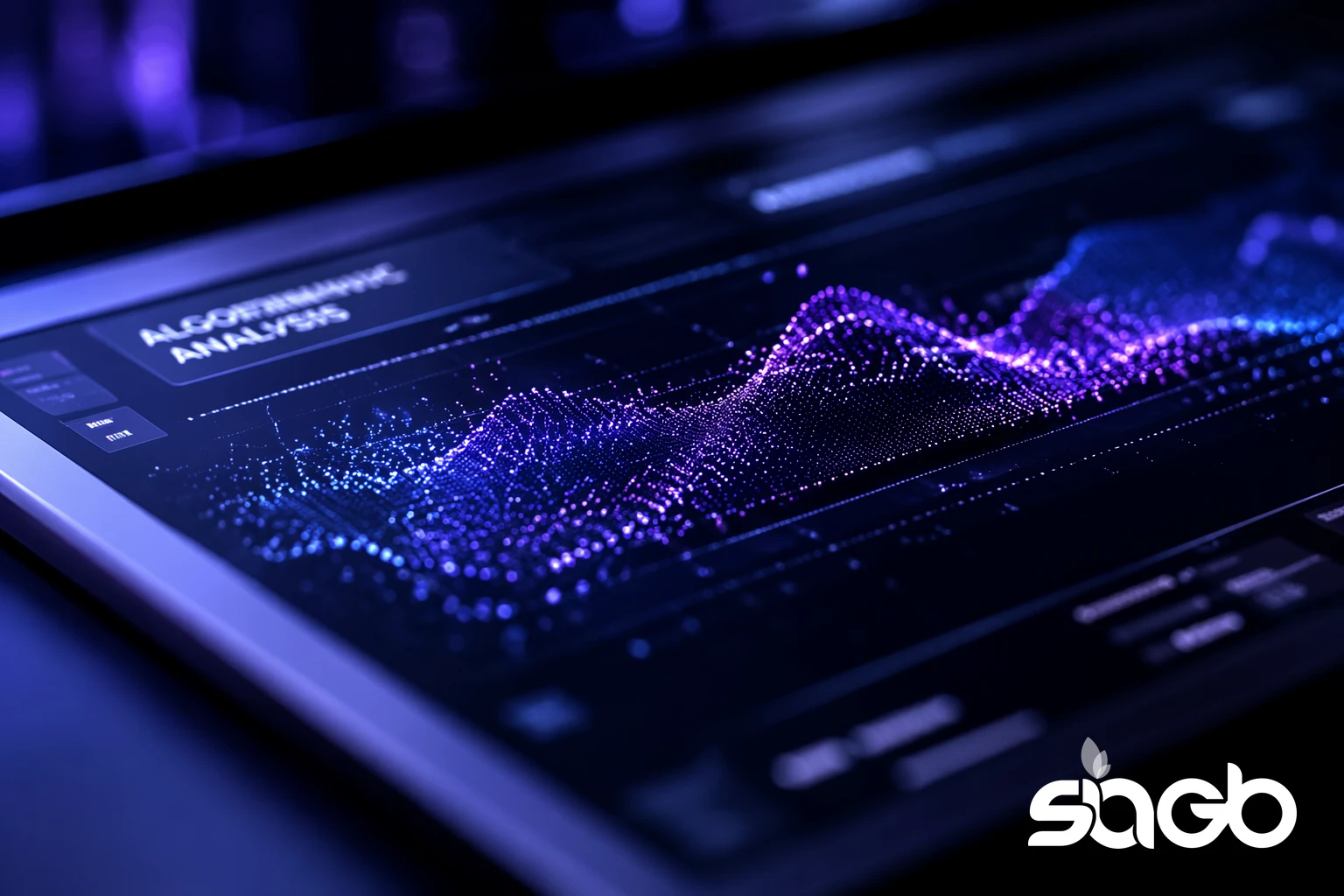 Tablet dashboard displaying algorithmic analysis with a glowing wave of data points, representing AI driven medical search