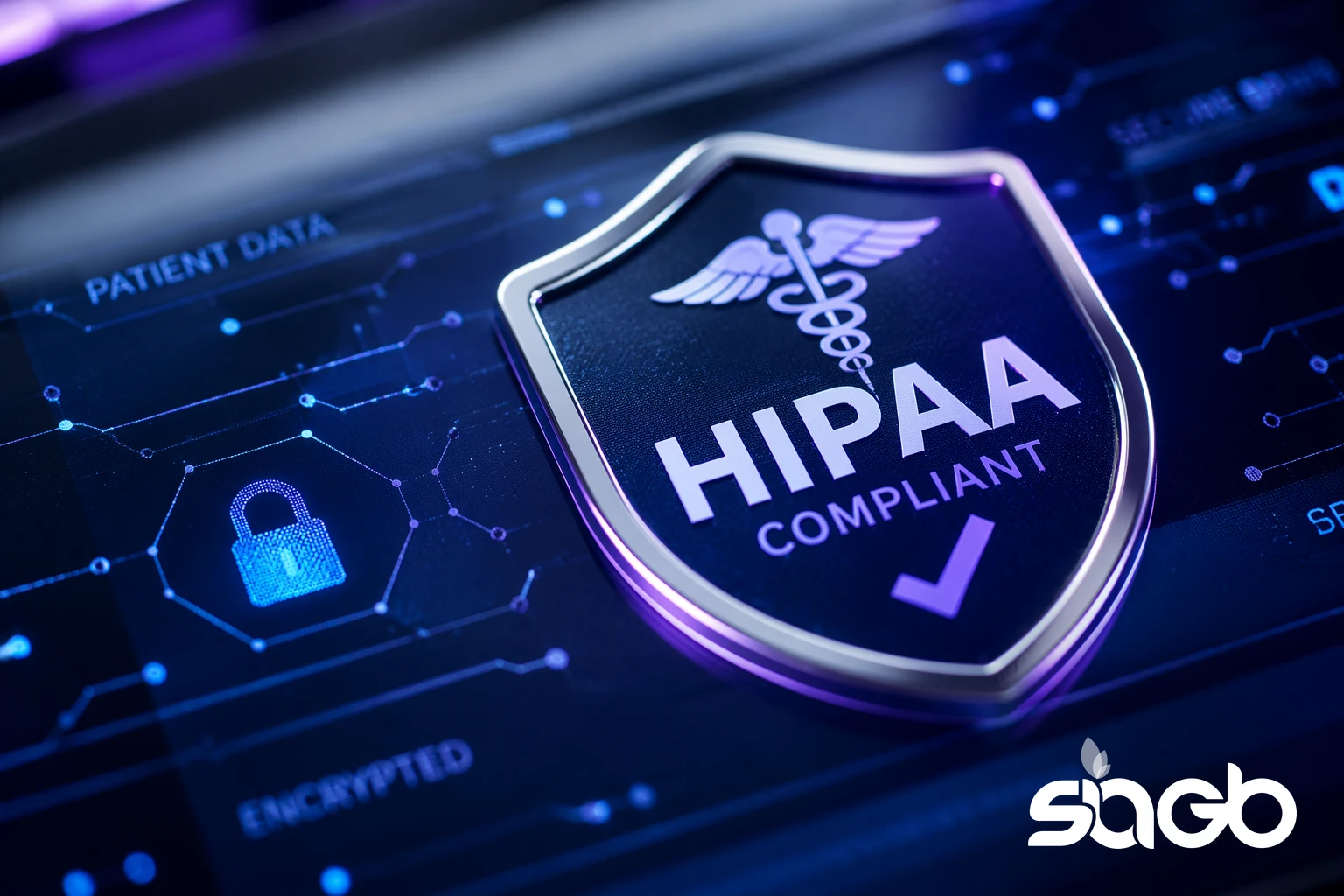 HIPAA compliant shield badge over a digital interface showing patient data, encryption and security lock icons