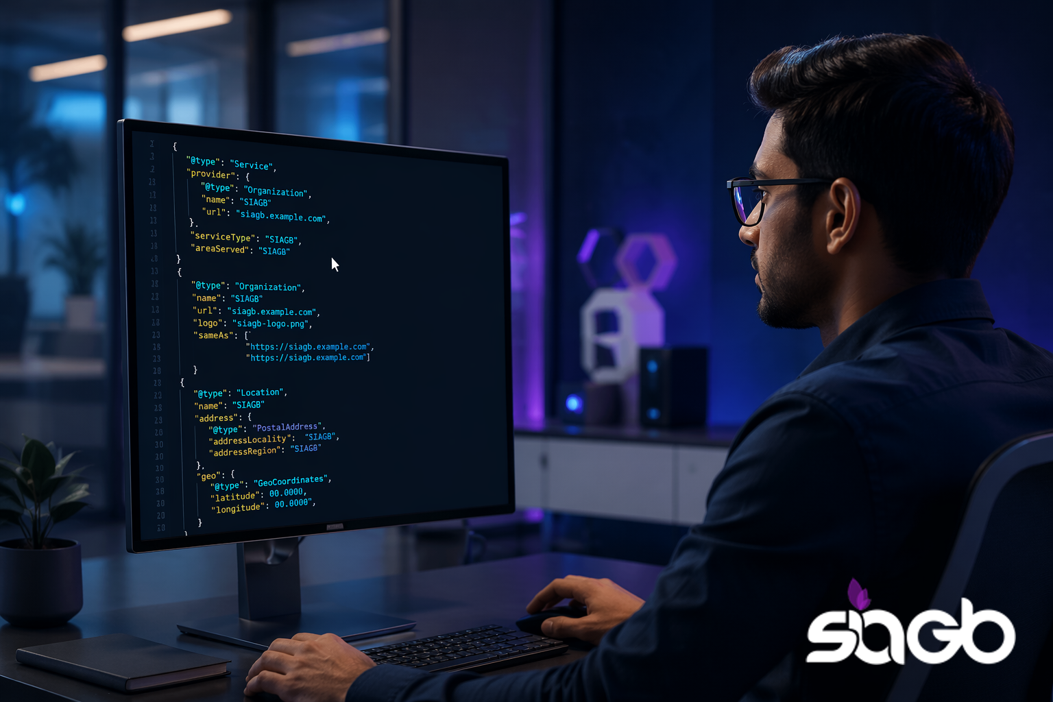 Developer reviewing structured data and schema markup in JSON on a monitor in a purple-lit office