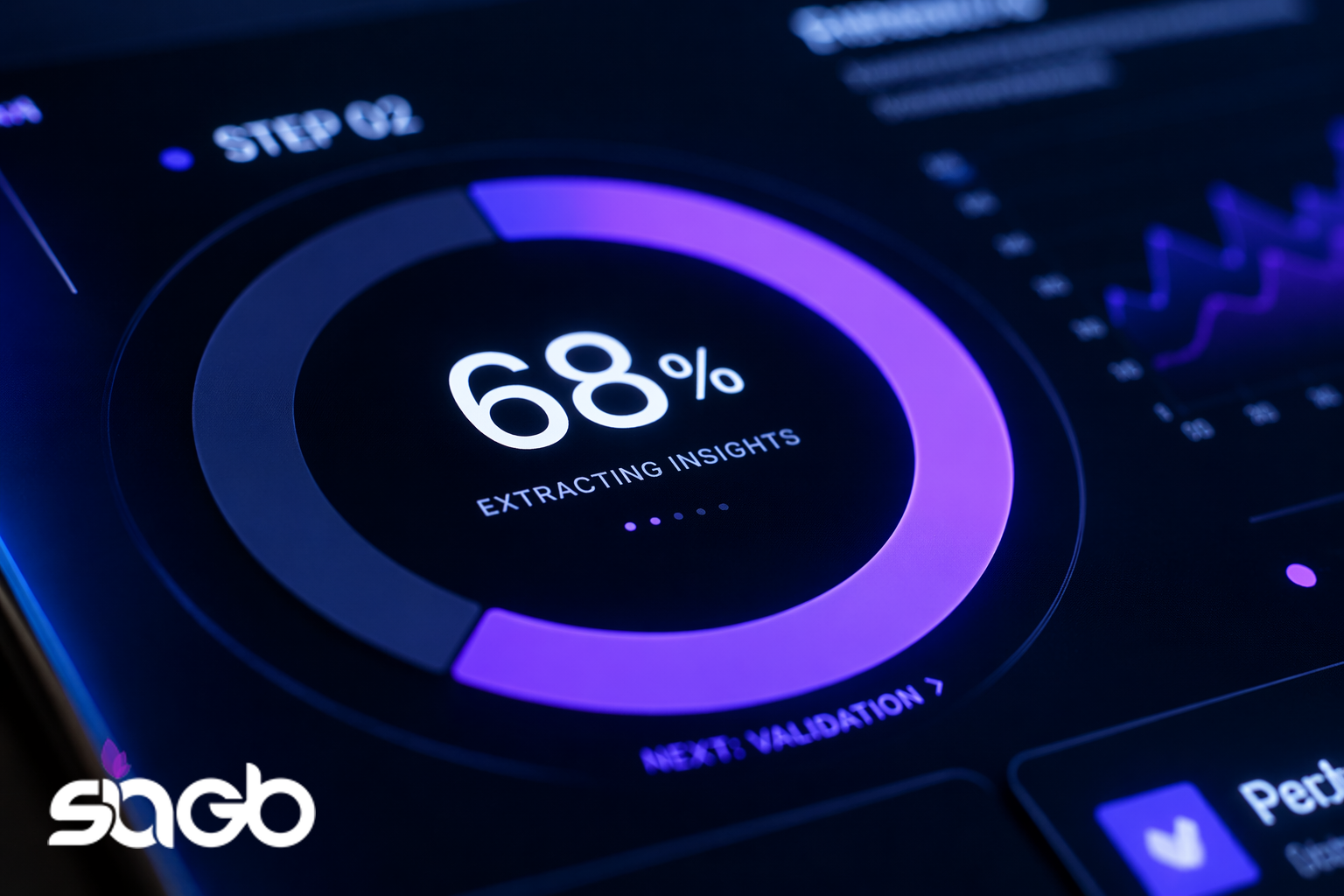 Dashboard showing a circular progress ring at 68 percent labelled extracting insights, with a next validation step