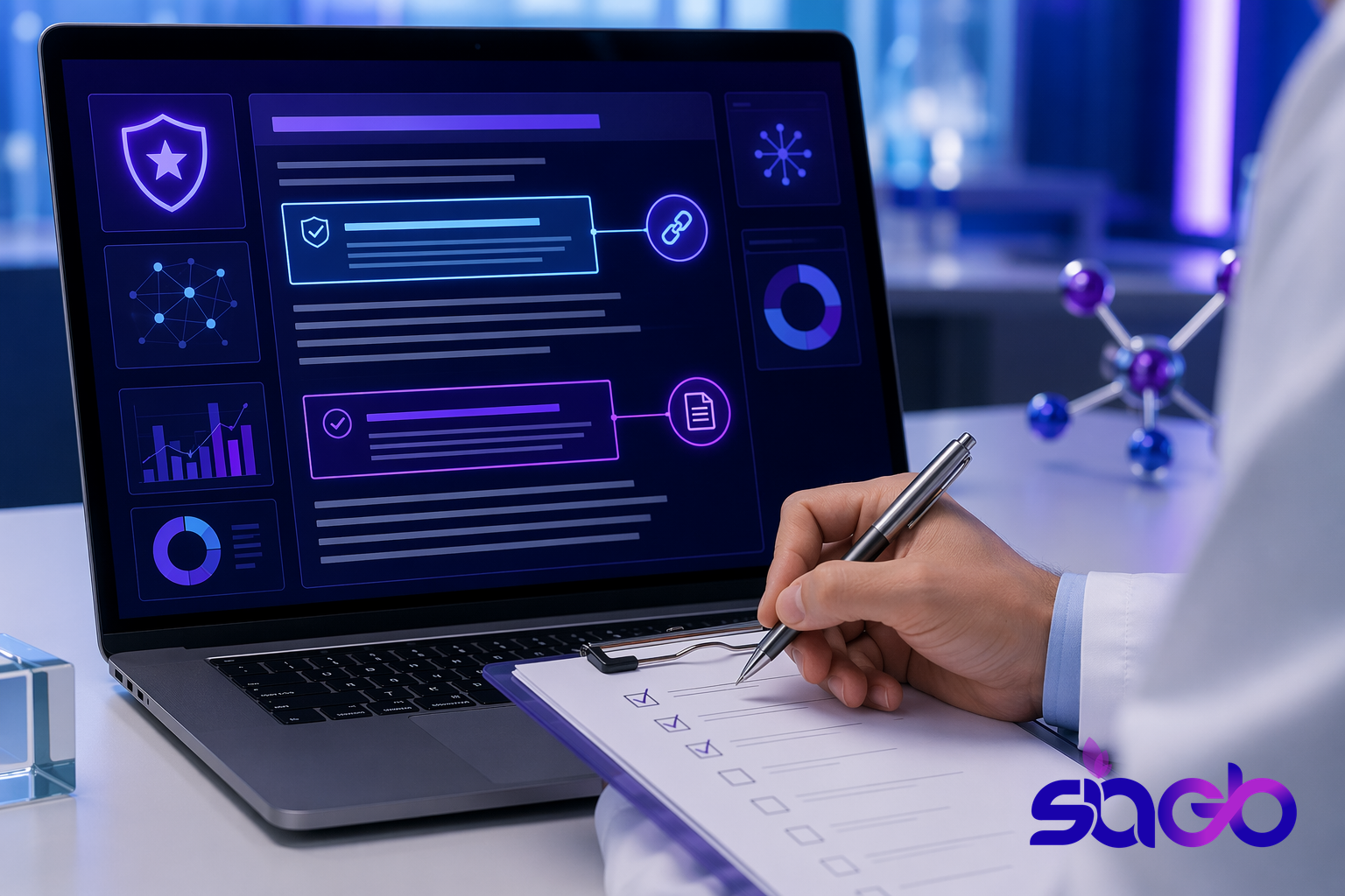 Clinician in a white coat reviewing a paper compliance checklist beside a laptop showing a purple content review dashboard with security and accuracy icons
