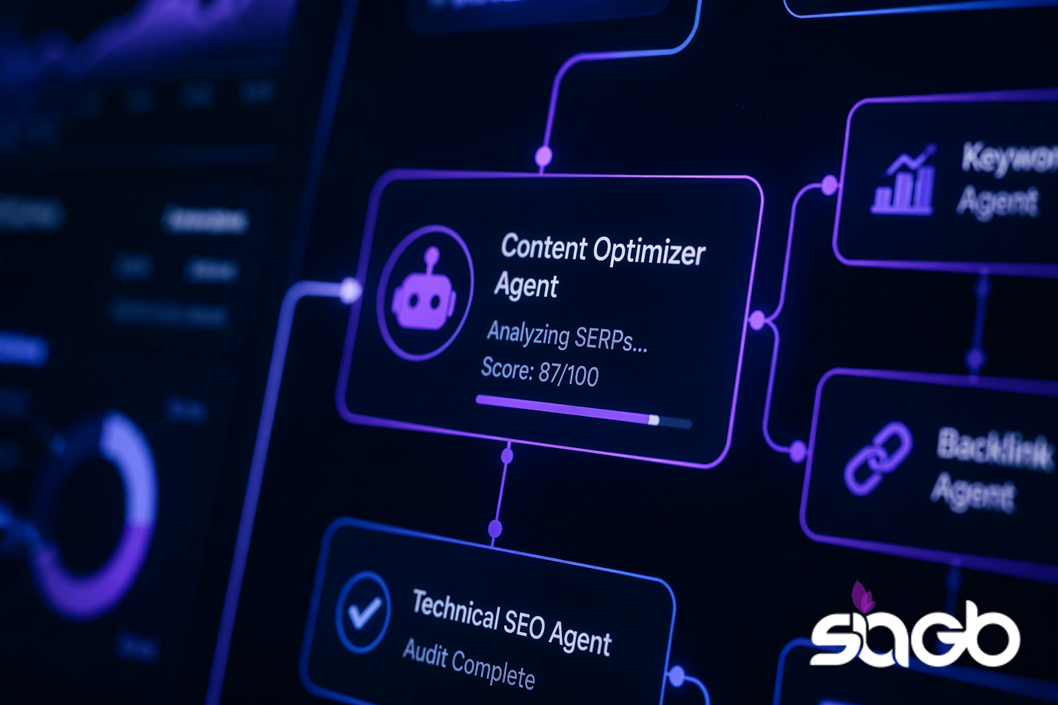 Dark dashboard showing connected AI agents, including a Content Optimiser Agent analysing SERPs, a Technical SEO Agent, a Keyword Agent and a Backlink Agent, linked by glowing purple nodes