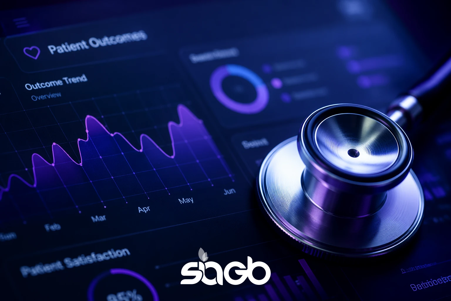 Healthcare analytics dashboard showing patient outcome and satisfaction trends next to a stethoscope