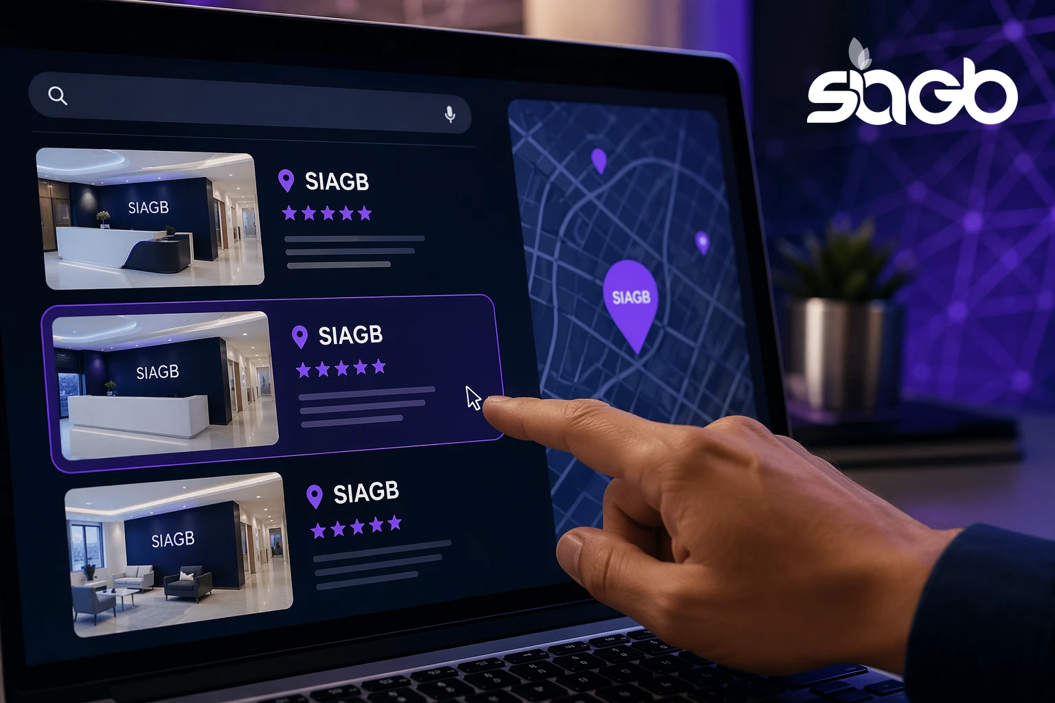 Person selecting a clinic from local search listings with star ratings and map pins on a laptop