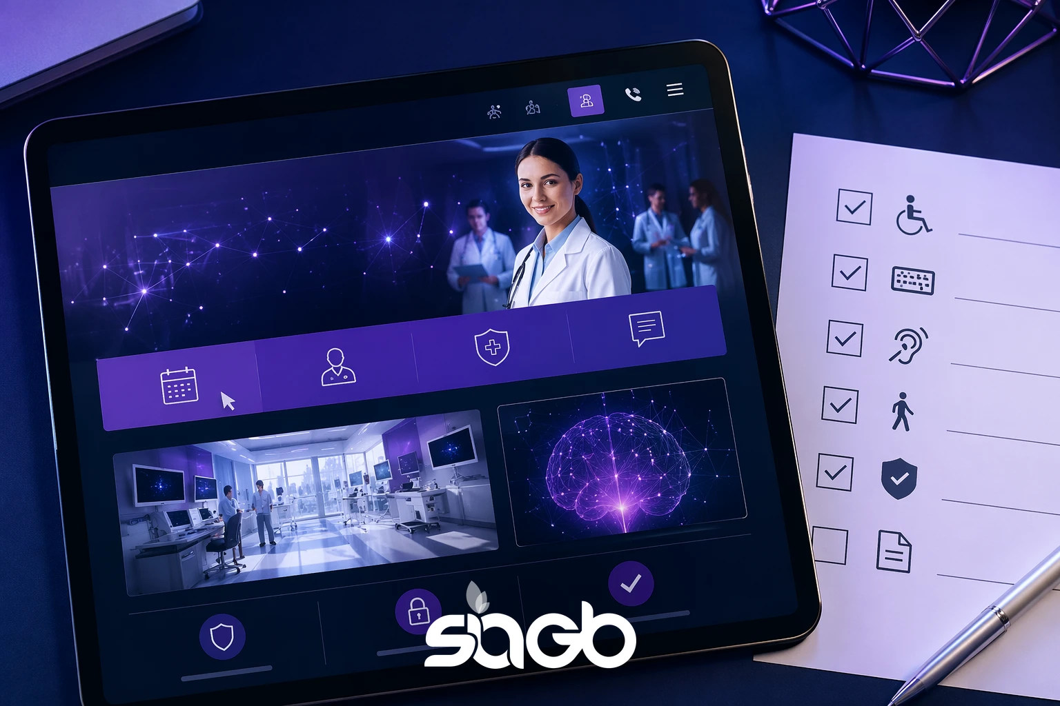 Tablet displaying a medical practice website homepage with a doctor’s profile, booking and security icons, and an accessibility checklist beside it