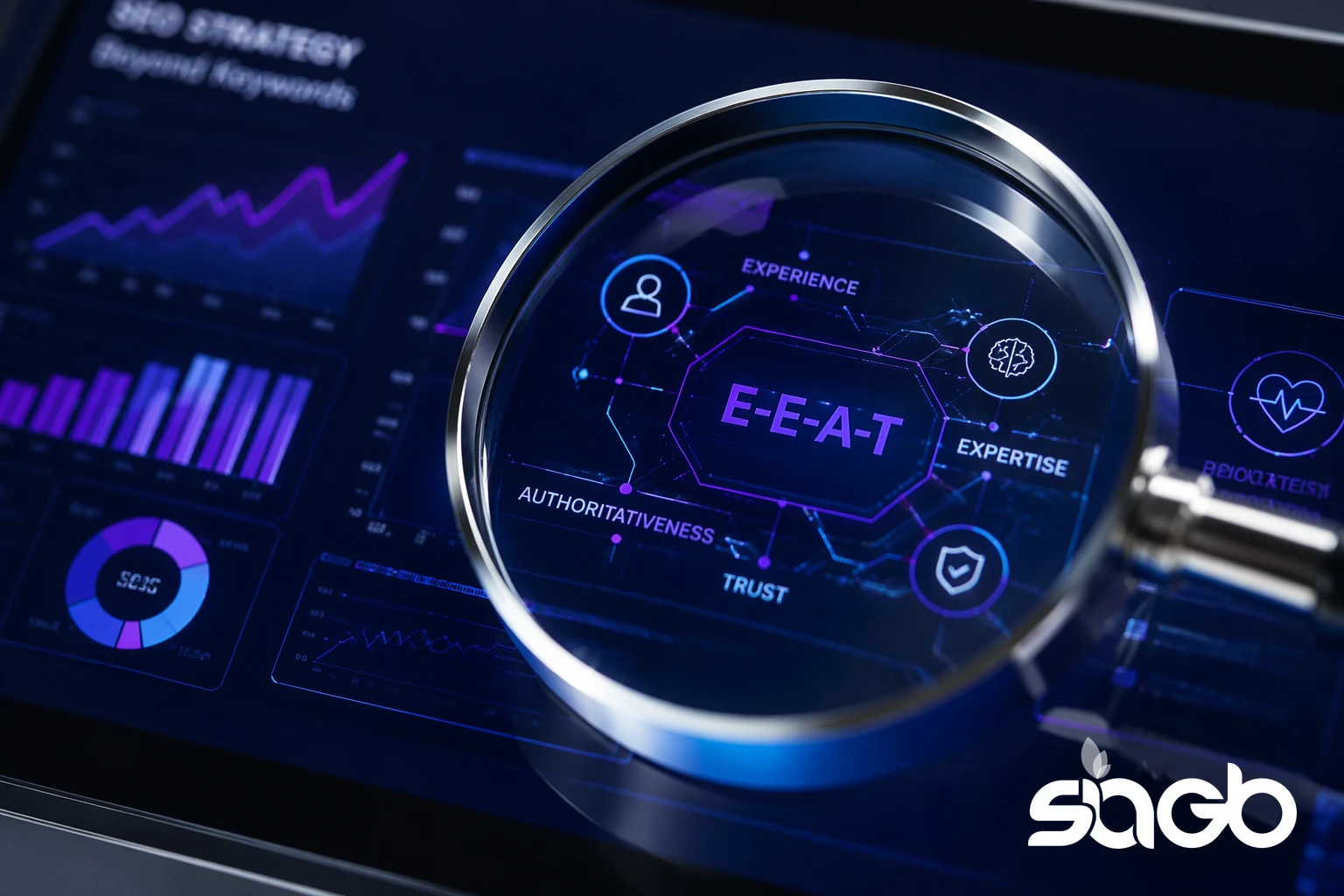 Magnifying glass over a healthcare SEO analytics dashboard, highlighting the E-E-A-T signals of experience, expertise, authoritativeness, and trust