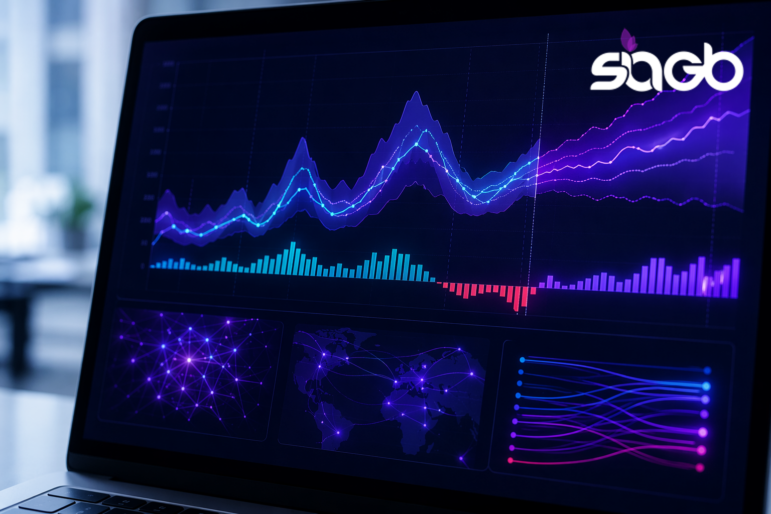 Laptop screen displaying a retail analytics dashboard with sales trend lines, coloured bar charts, a connected node network, a world map, and flowing data streams in navy and purple