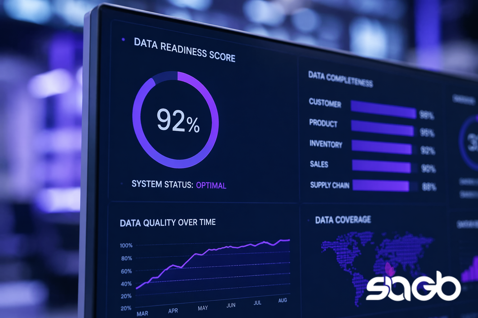 Dark dashboard showing a 92 percent data readiness score dial, data completeness bars for customer, product, inventory, sales and supply chain, a data quality trend chart, and a coverage world map
