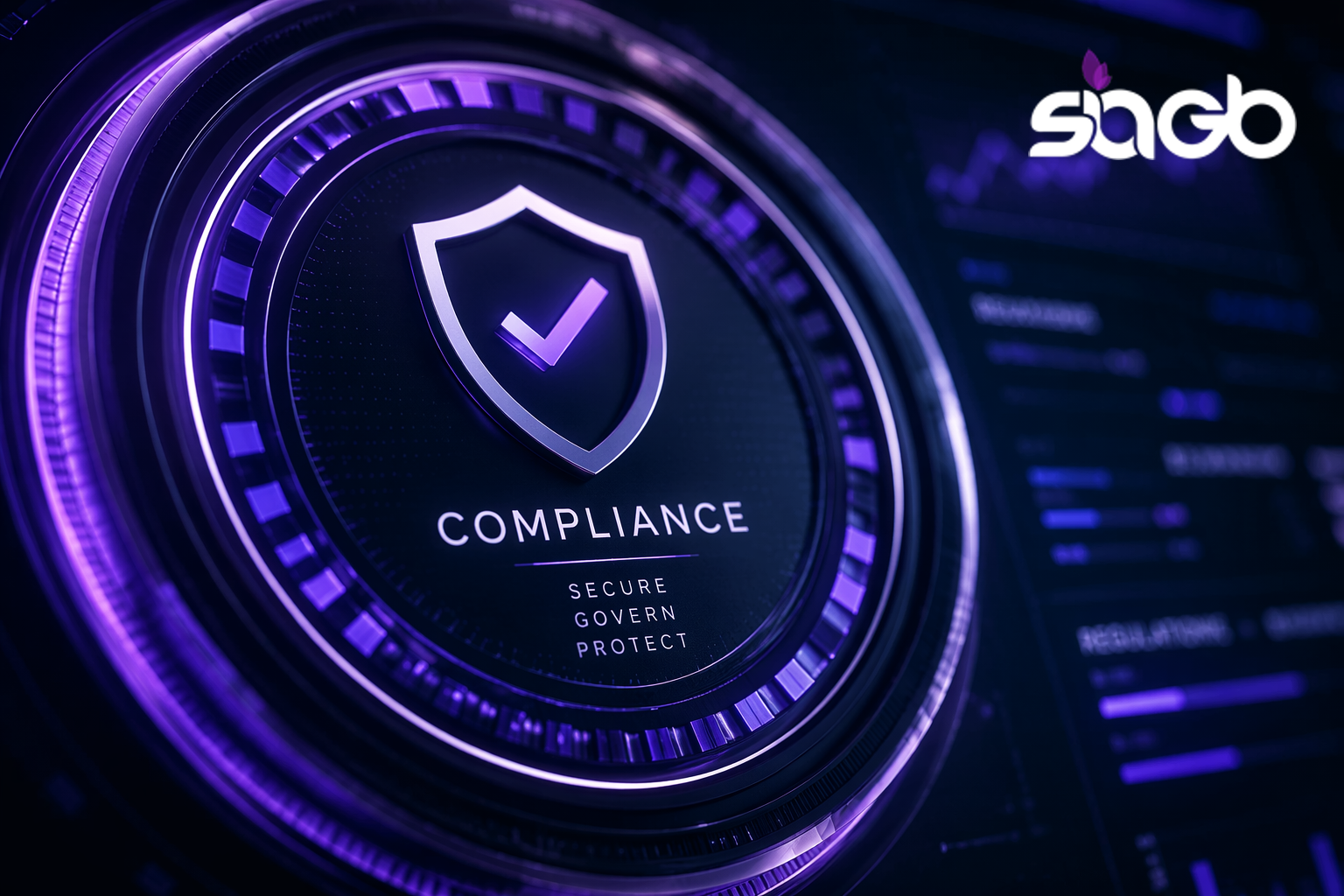 Glowing purple shield with a tick inside a circular tech dial labelled Compliance with the words Secure, Govern and Protect, representing retail data security controls