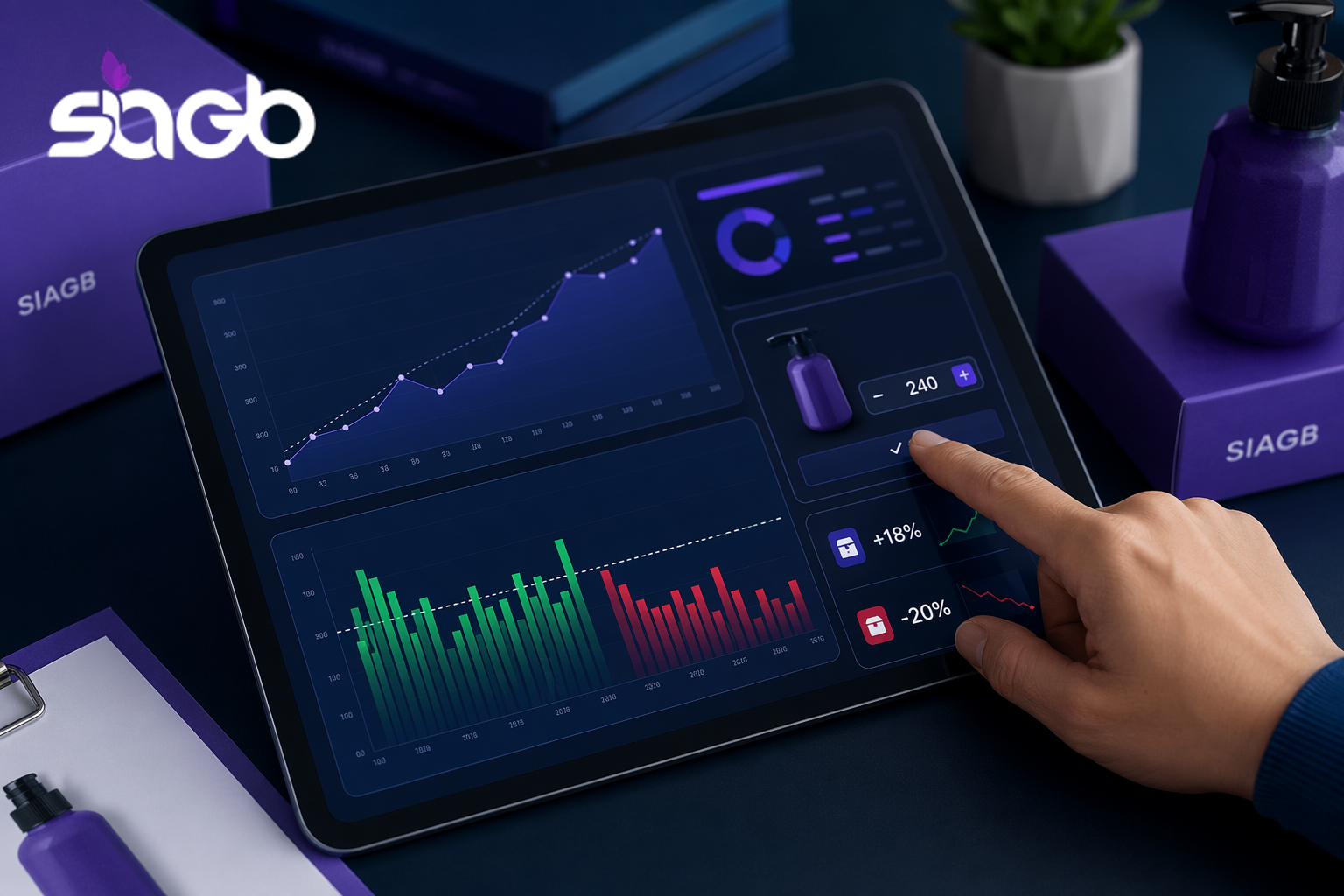 Hand tapping a tablet showing a retail analytics dashboard with sales trend lines, green and red bar charts, and inventory stock figures