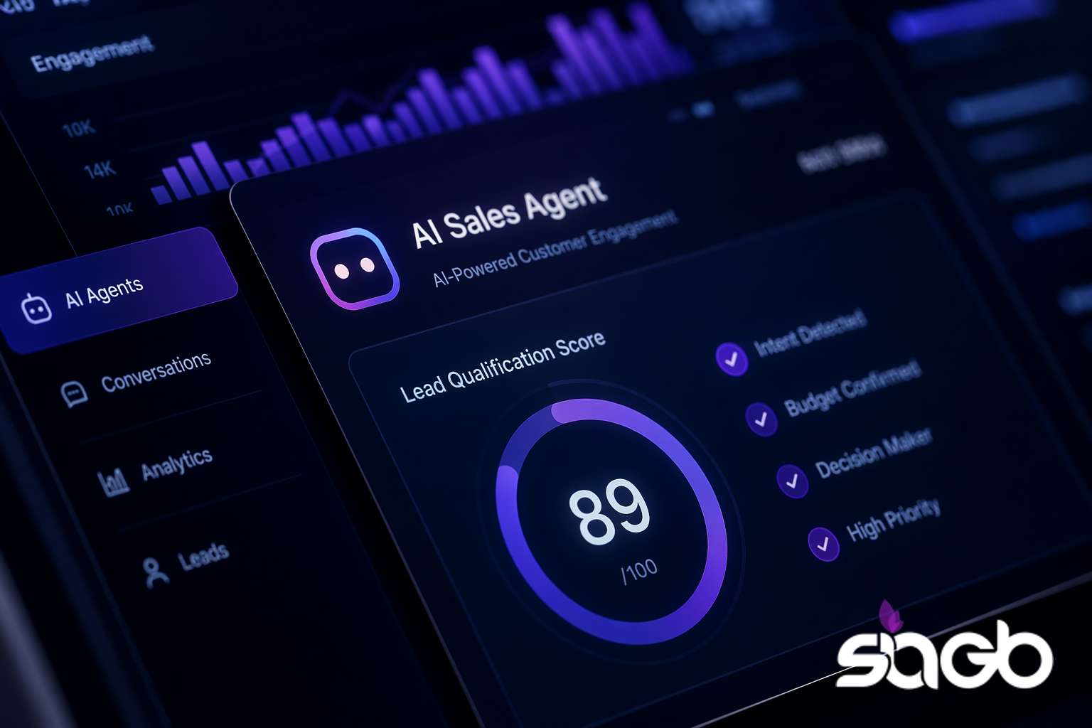 AI Sales Agent interface showing a lead qualification score of 89 out of 100 with intent, budget, and decision maker checks marked