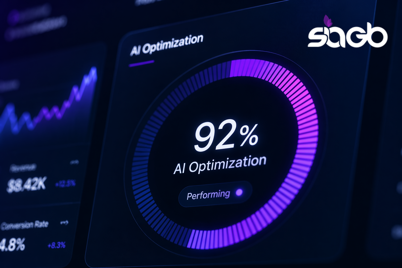 Circular AI Optimisation gauge reading 92 percent and marked Performing, beside revenue and conversion rate figures on a dark dashboard