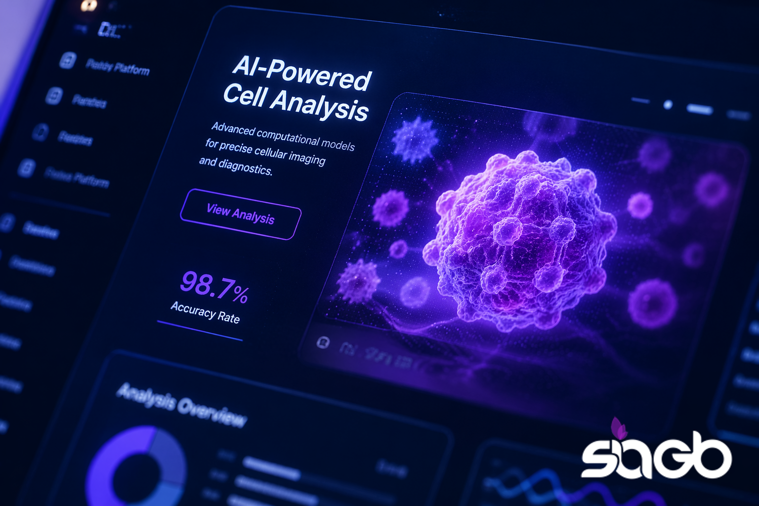 Close-up of a medical software interface showing an AI-powered cell analysis panel with a purple cell render and a 98.7 percent accuracy rate