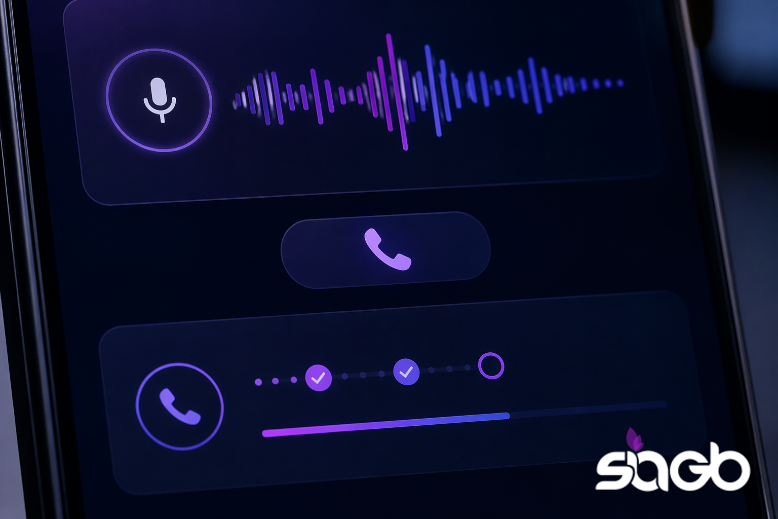 Smartphone screen showing a purple voice AI waveform, a call icon, and a step-by-step call routing progress bar