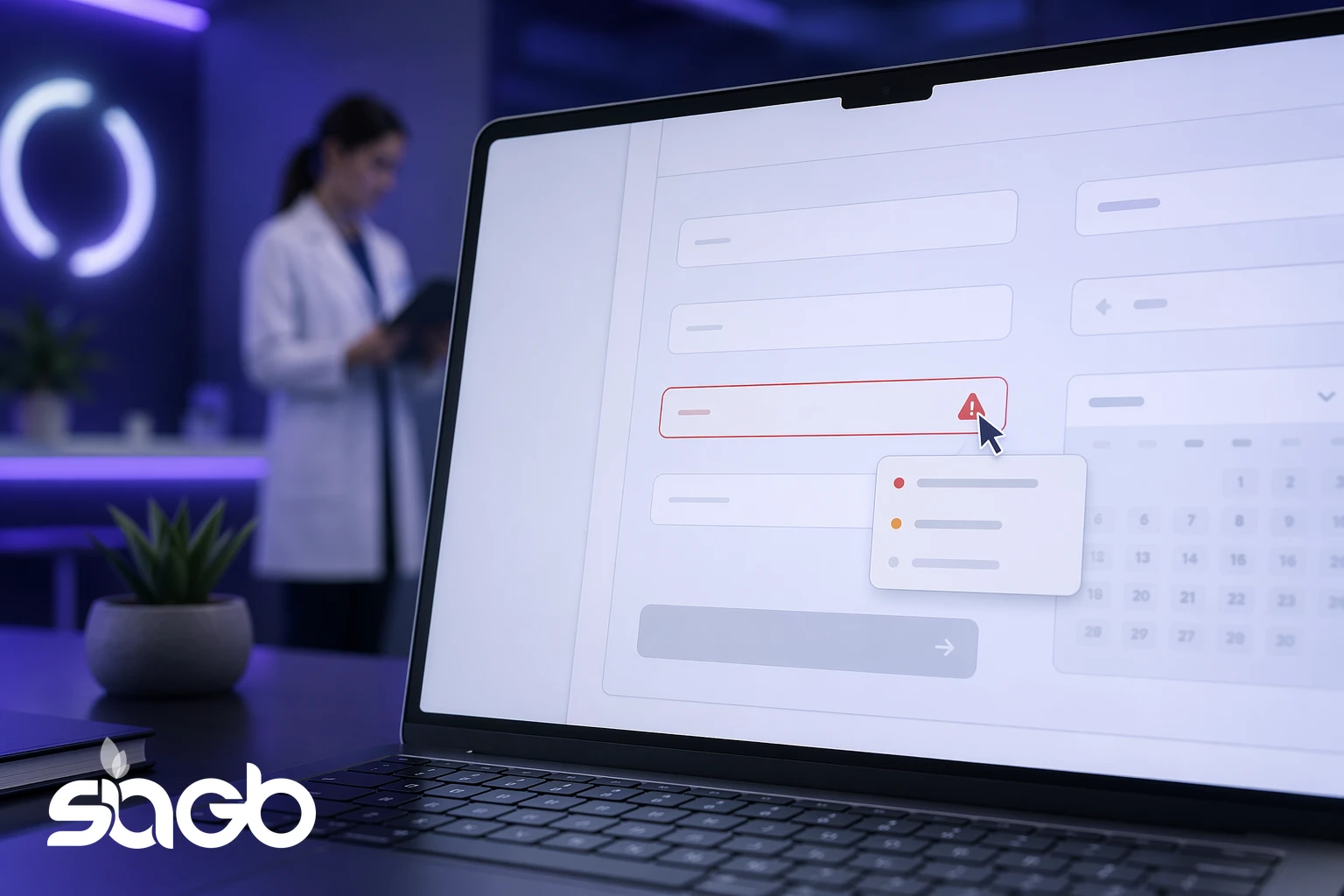 Clinician in a medical office behind a laptop displaying a patient booking form with a flagged field error, validation messages, and an appointment calendar