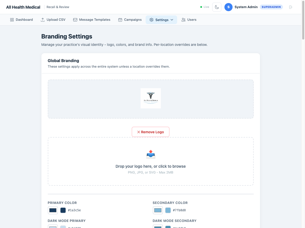 Per-location branding settings