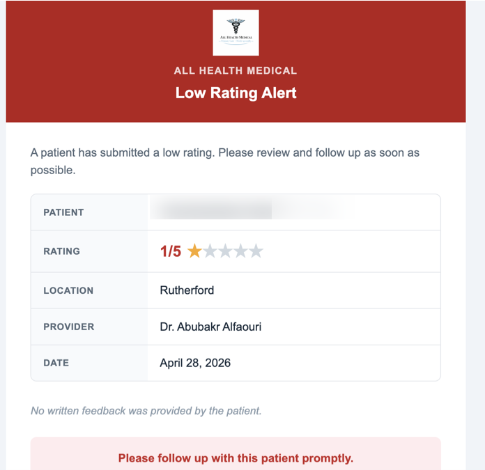 Staff alert for low rating