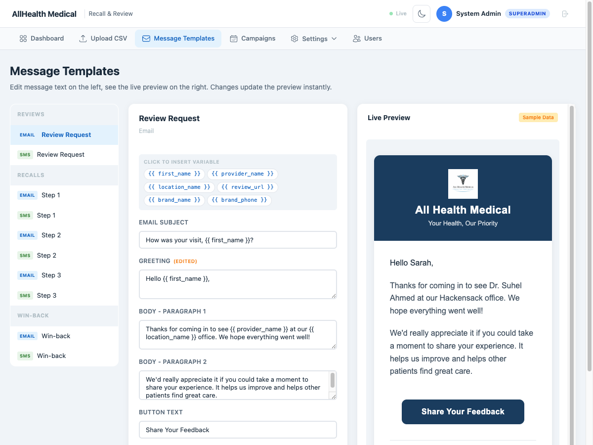 Message template editor