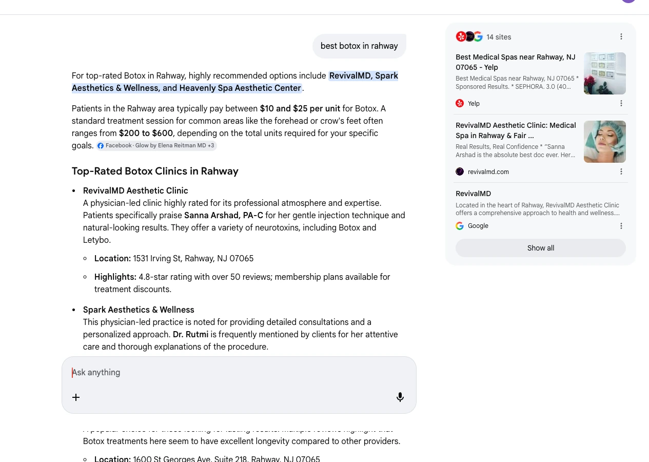 Google AI Mode response citing RevivalMD for best botox in rahway